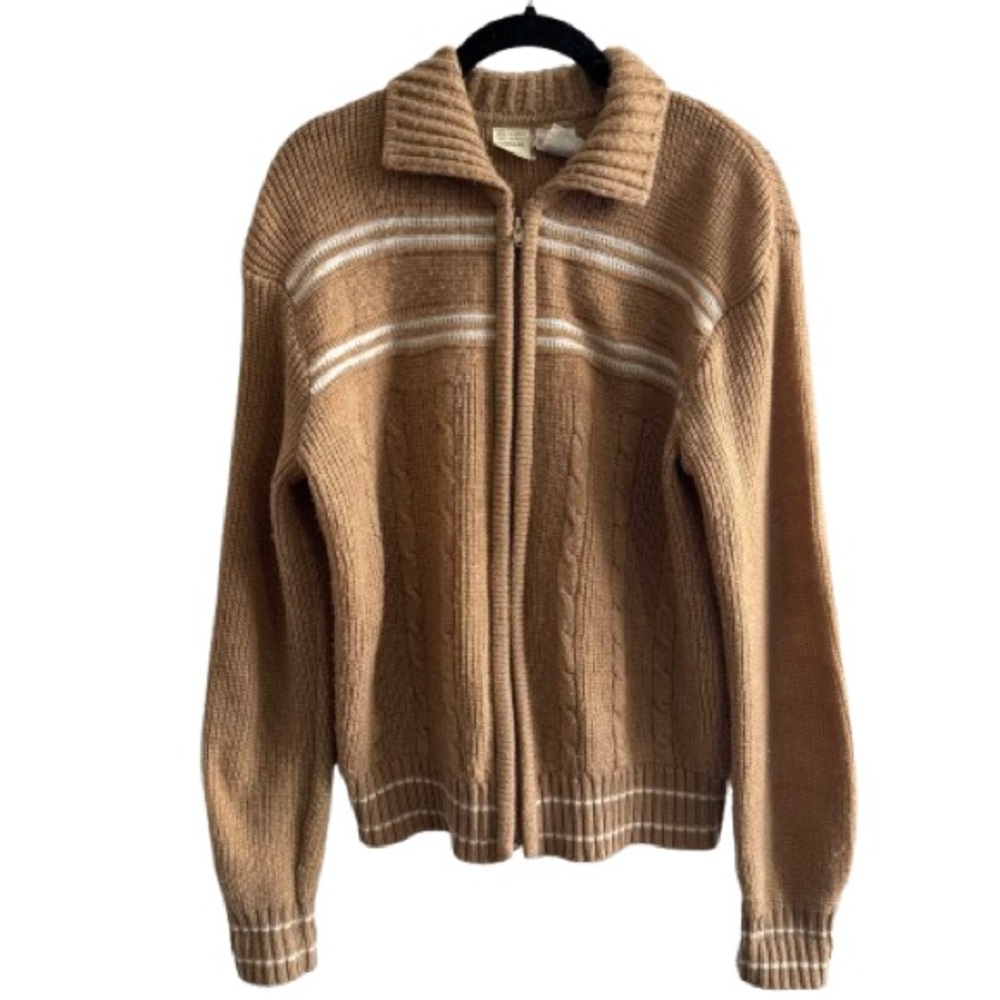 Vintage 80s Kennington LTD. Cable Knit Full Zip Acrylic Knit Sweater Tan White